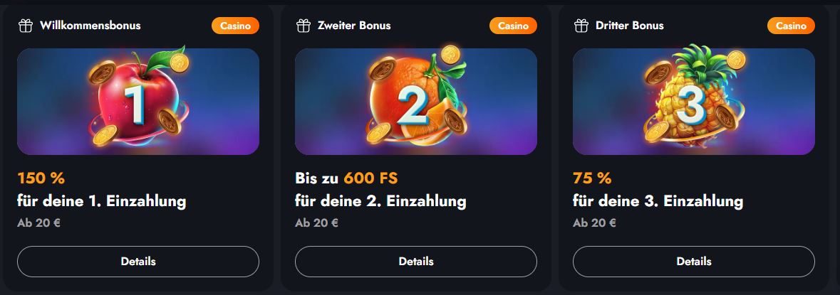 Hol dir Boni für deine ersten drei Einzahlungen ab 20 Euro