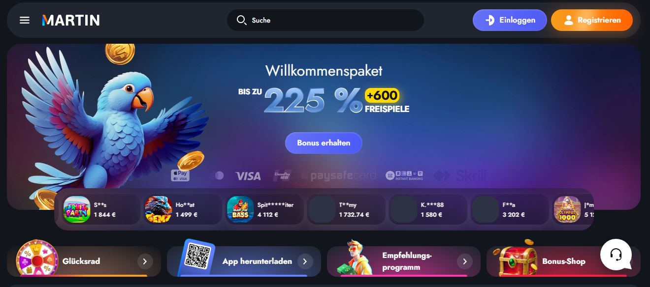 Erhalte das Willkommenspaket bis zu 225 Prozent bei Martin Casino